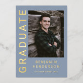 男のモダン子フォトゴールドフォイル卒業発表 箔招待状 (正面)