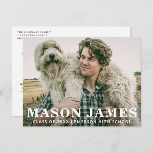 男のモダン子フォト文字オーバーレイ卒業 案内ポストカード (正面/裏面)