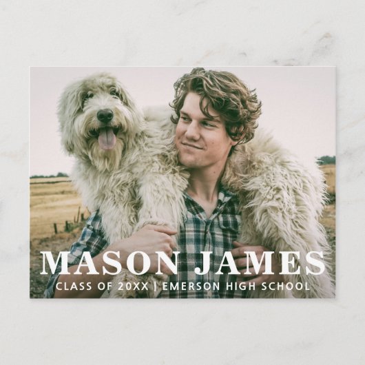 男のモダン子フォト文字オーバーレイ卒業 案内ポストカード (正面)