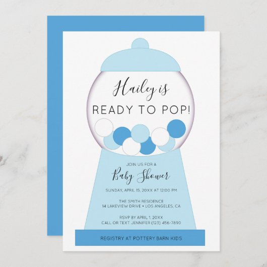 男のモダン子ブルーグムボールマシン赤ちゃんシャワー 招待状 (正面/裏面)