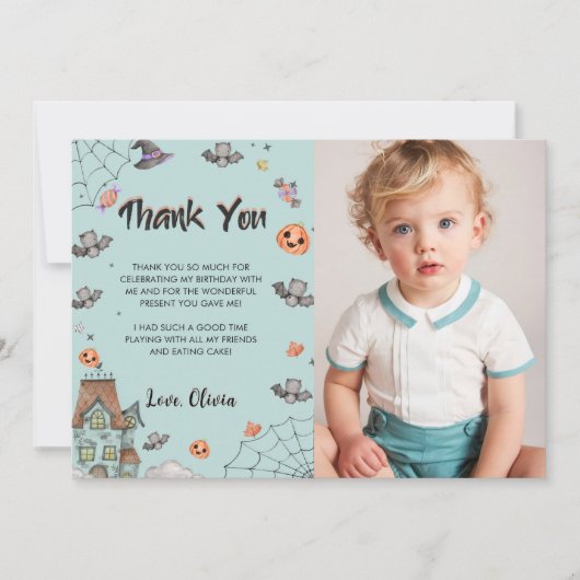 男の不気味子ハロウィーン誕生日パーティー写真 サンキューカード (正面)
