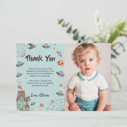 男の不気味子ハロウィーン誕生日パーティー写真 サンキューカード (スタンド正面)