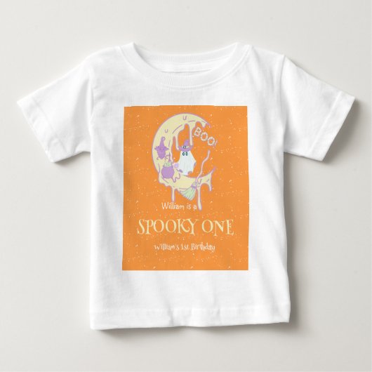 男の不気味子1歳幽霊ムーンハロウィーン1回目の誕生日 ベビーTシャツ (正面)