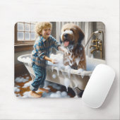 男の与え子は毛むくじゃらの犬を風呂に入れる マウスパッド (マウス)