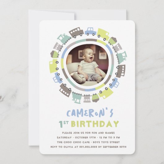 男の子おもちゃおもしろい輸送写真1st誕生日パーティー 招待状 (正面)