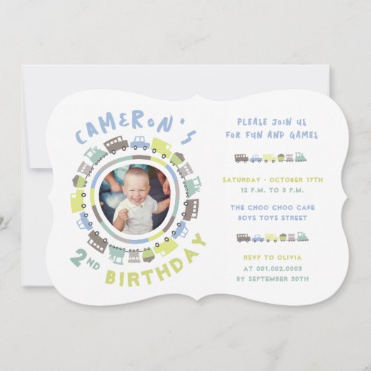 男の子おもちゃおもしろい輸送写真2nd誕生日パーティー 招待状 (正面)
