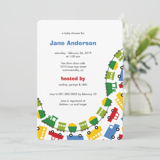 男の子おもちゃカラフル輸送可愛い男の子の赤ちゃんシャワー 招待状 (スタンド正面)