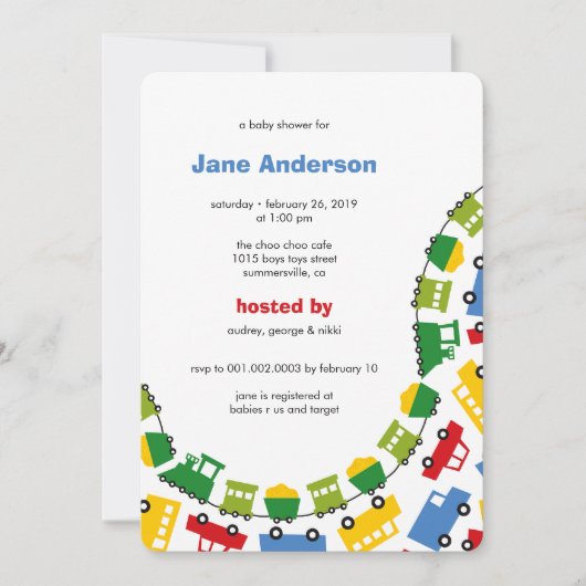男の子おもちゃカラフル輸送可愛い男の子の赤ちゃんシャワー 招待状 (正面)