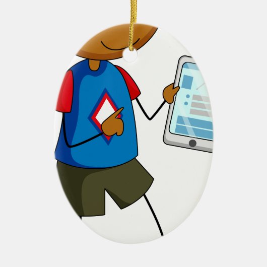 男の子およびタブレット セラミックオーナメント (正面)