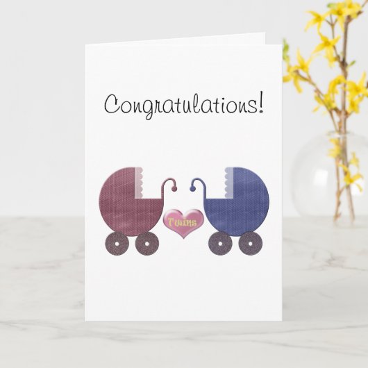 男の子および女の子のベビーの双生児、手押車の芸術のデザイン カード (黄色い花)