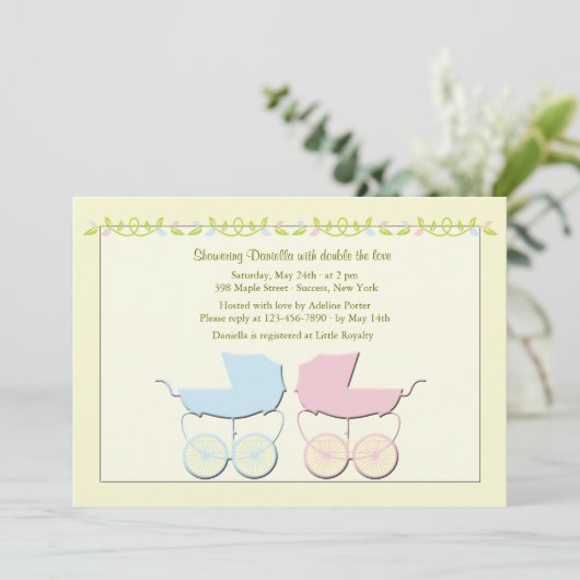 男の子および女の子の双生児のベビーシャワーの招待状 招待状 (スタンド正面)