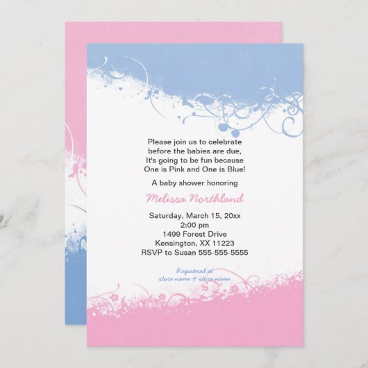 男の子および女の子の双生児のベビーシャワーの招待 招待状 (正面/裏面)