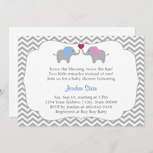 男の子および女の子の双生児のベビーシャワー 招待状 (正面/裏面)