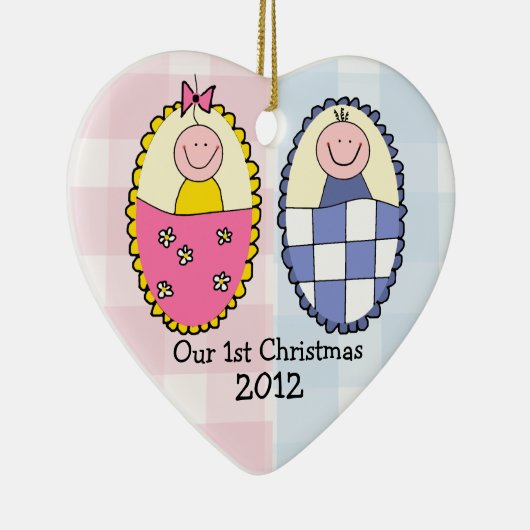 男の子および女の子の双生児の初めてのクリスマスの青いピンク セラミックオーナメント (右)