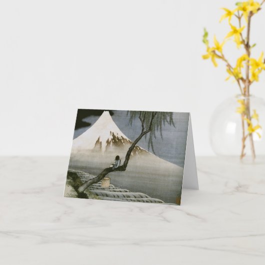 男の子および富士山Hokusaiの日本人のファインアート カード (黄色い花)