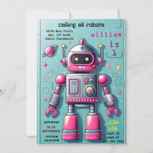 男の子かわいいおもしろいトイロボット最初の誕生日 招待状 (正面)