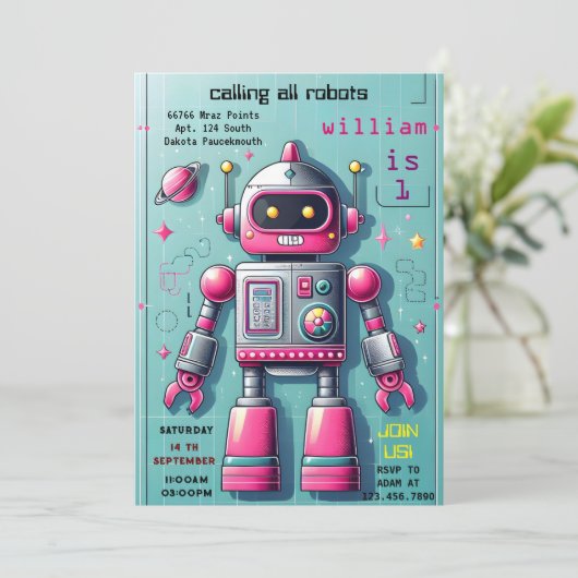 男の子かわいいおもしろいトイロボット最初の誕生日 招待状 (スタンド正面)