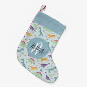 男の子かわいいおもしろいブルー恐竜のパターン子供 スモールクリスマスストッキング (正面 (吊り時))