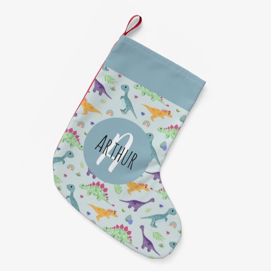 男の子かわいいおもしろいブルー恐竜のパターン子供 スモールクリスマスストッキング (正面 (吊り時))