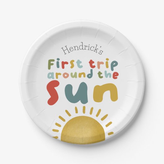 男の子かわいいのまわりに最初の旅ザ・サン1歳の誕生日 ペーパープレート (正面)