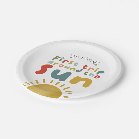 男の子かわいいのまわりに最初の旅ザ・サン1歳の誕生日 ペーパープレート (アングル)