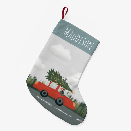 男の子かわいいクリスマスツリーカーと猫の子たち スモールクリスマスストッキング (正面 (吊り時))