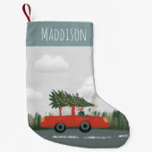 男の子かわいいクリスマスツリーカーと猫の子たち スモールクリスマスストッキング (正面)