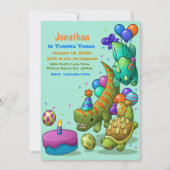 男の子かわいいグリーンディノタートルバースデーパーティー 招待状 (正面)