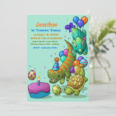 男の子かわいいグリーンディノタートルバースデーパーティー 招待状 (スタンド正面)
