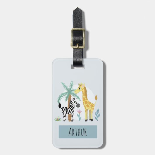 男の子かわいいサファリの動物キリンの名前キッズ ラゲッジタグ (正面縦)