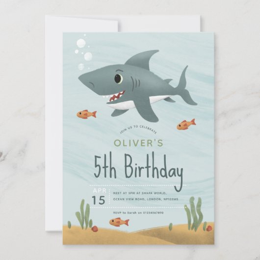 男の子かわいいシャーク海下海5誕生日 招待状 (正面)