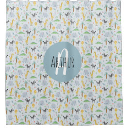 男の子かわいいジャングルサファリアニマルゼブラ&ネームキッズ シャワーカーテン