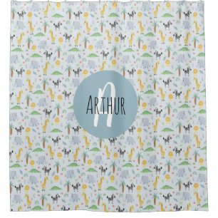 男の子かわいいジャングルサファリアニマルゼブラ&ネームキッズ シャワーカーテン