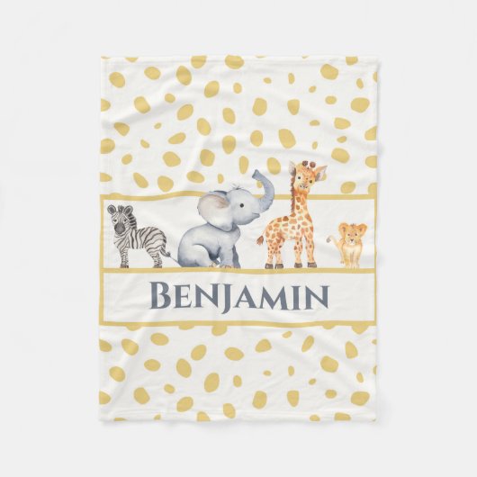 男の子かわいいジャングルサファリベビーアニマル フリースブランケット (正面)