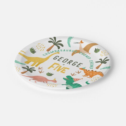 男の子かわいいジャングル恐竜Tレックスキッズ5誕生日 ペーパープレート (アングル)