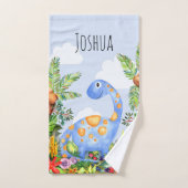 男の子かわいいジャングル水彩恐竜と名前の子供 バスタオルセット (ハンドタオル)