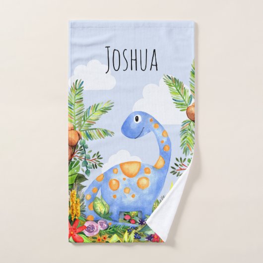 男の子かわいいジャングル水彩恐竜と名前の子供 バスタオルセット (ハンドタオル)