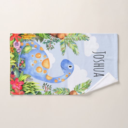 男の子かわいいジャングル水彩恐竜と名前の子供 バスタオルセット (ハンドタオル)