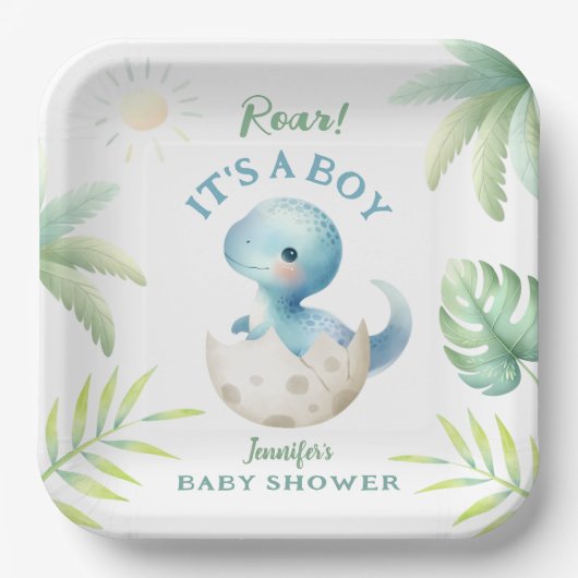 男の子かわいいディノ男の子の恐竜の赤ちゃんシャワーを轟音 ペーパープレート (正面)