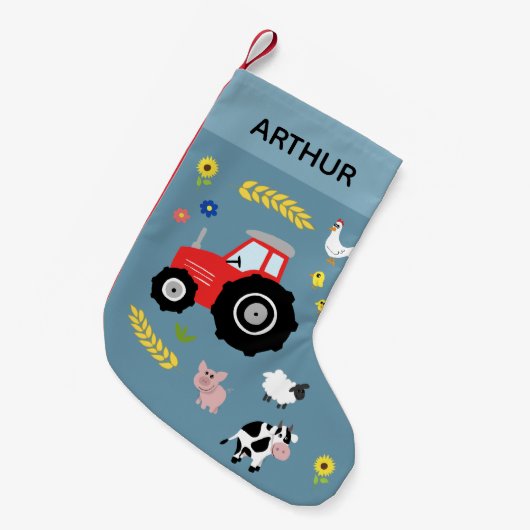 男の子かわいいトラクターとファーム動物ブルーキッズ スモールクリスマスストッキング (正面 (吊り時))