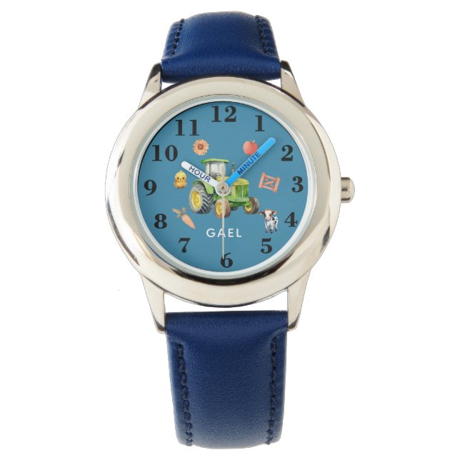 男の子かわいいファーム動物とトラクター&名前キッズ 腕時計 (正面)