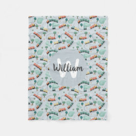 男の子かわいいブルートレイン旅行モノグラムパターンキッズ フリースブランケット