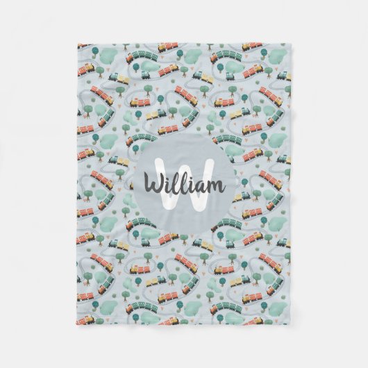 男の子かわいいブルートレイン旅行モノグラムパターンキッズ フリースブランケット (正面)