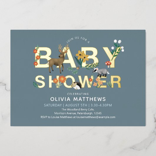 男の子かわいいモダンとウッドランド動物の赤ちゃんシャワー 箔招待状 (正面)