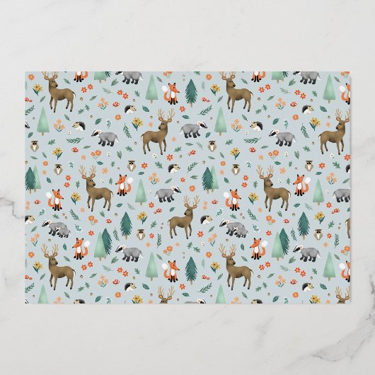 男の子かわいいモダンとウッドランド動物の赤ちゃんシャワー 箔招待状 (裏面)