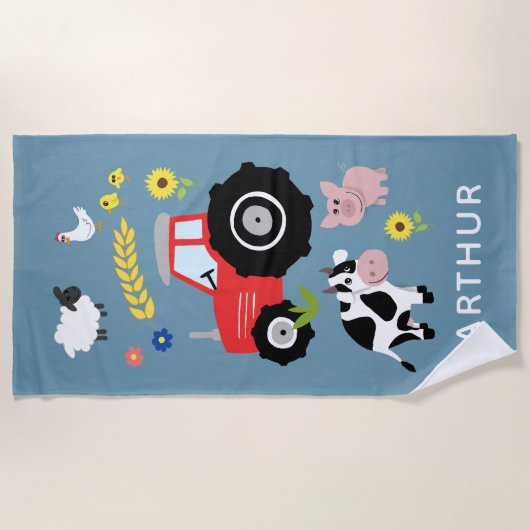 男の子かわいいモダンとファームトラクターの子供 ビーチタオル (正面)