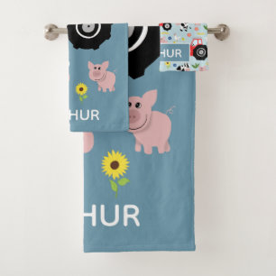 男の子かわいいモダンと農場トラクターと名前キッズ バスタオルセット