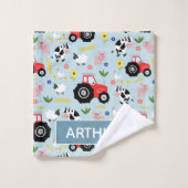 男の子かわいいモダンと農場トラクターと名前キッズ バスタオルセット (ウォッシュタオル)