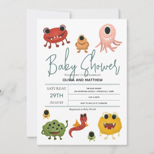 男の子かわいいモダンモンスタカラフルーの赤ちゃんシャワー 招待状 (正面)