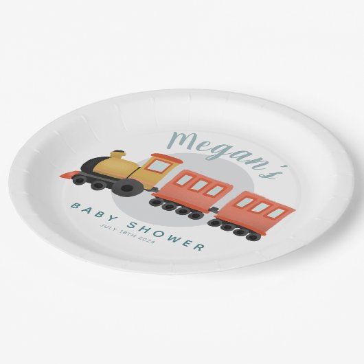 男の子かわいいモダン電車の旅ベビーシャワー ペーパープレート (アングル)